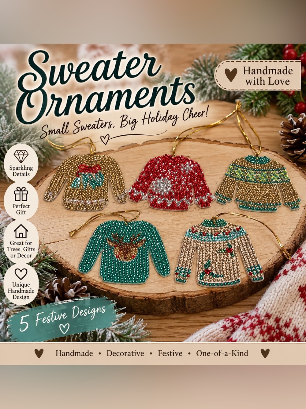 Diamond Art Sweater Ornaments - Set of 5 Sealed - Picture 2 of 2
